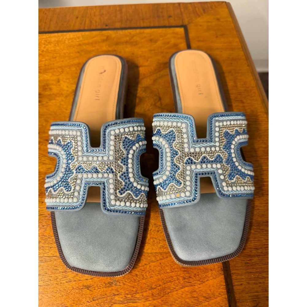 Madden Girl Womens 9 Blue Slide Sandals Beaded Rhinestone H-Band Square Toe Flat